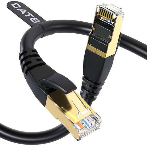 10 ft. Heavy Duty High Speed 26AWG, 2000 Mhz with Gold Plated RJ45 Cat 8 Ethernet Cable, Weatherproof for Modem in Black