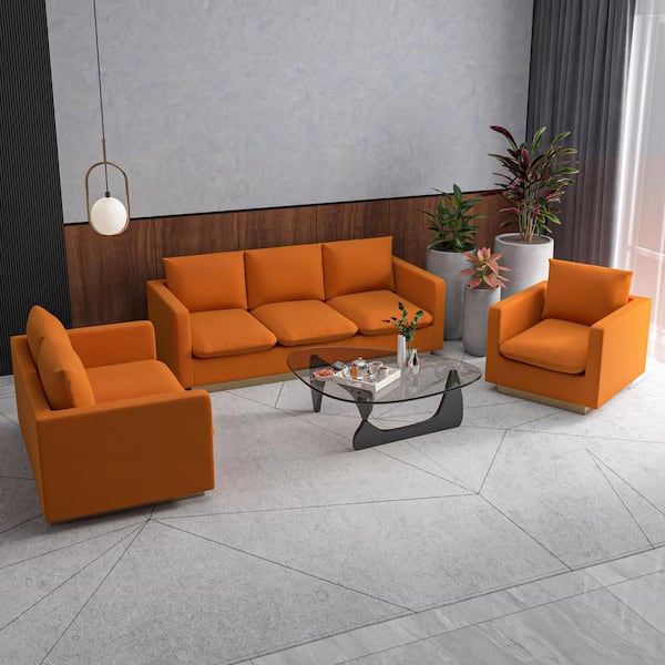 3-Piece Sofa Set Upholstered in Velvet with Gold Stainless Steel Base and Removable Cushions in Orange Marmalade