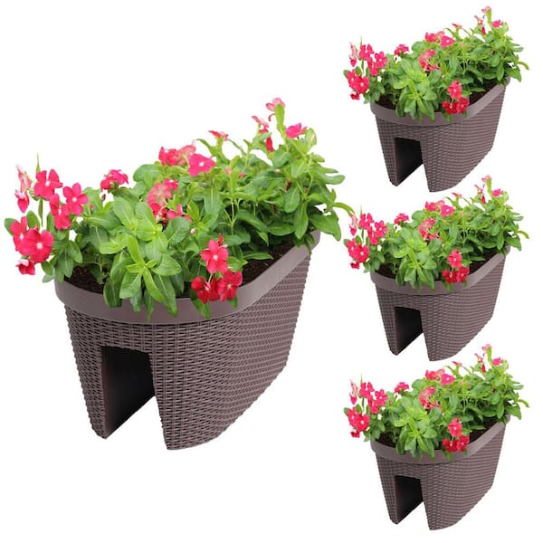 19.6 in. Coffee Plastic Rattan Pattern Balcony Railing Planter Box (4-Pack)