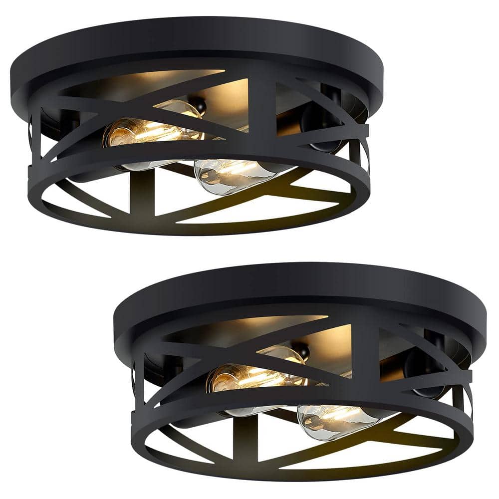 Black Metal Cage Drum Flush Mount Ceiling Light, 2-Pack
