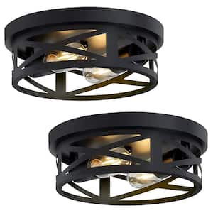 11 in. 2-Light Black Farmhouse Flush Mount with Drum Metal Cage Shade for Entryway Bedroom(2-Pack)