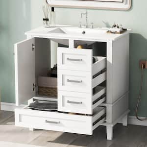18 in. D x 30 in. W x 34 in. H Bath Vanity in White Bath Cabinet with Single Combo Set a Soft Closing Door and 3-Drawers