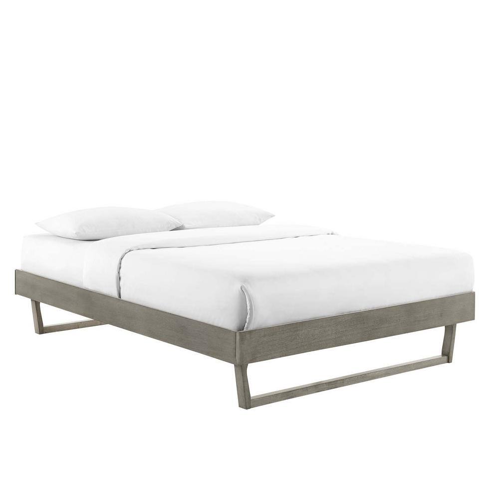 Mid-Century Modern Gray Full Platform Bed with Wood Frame and Headboard