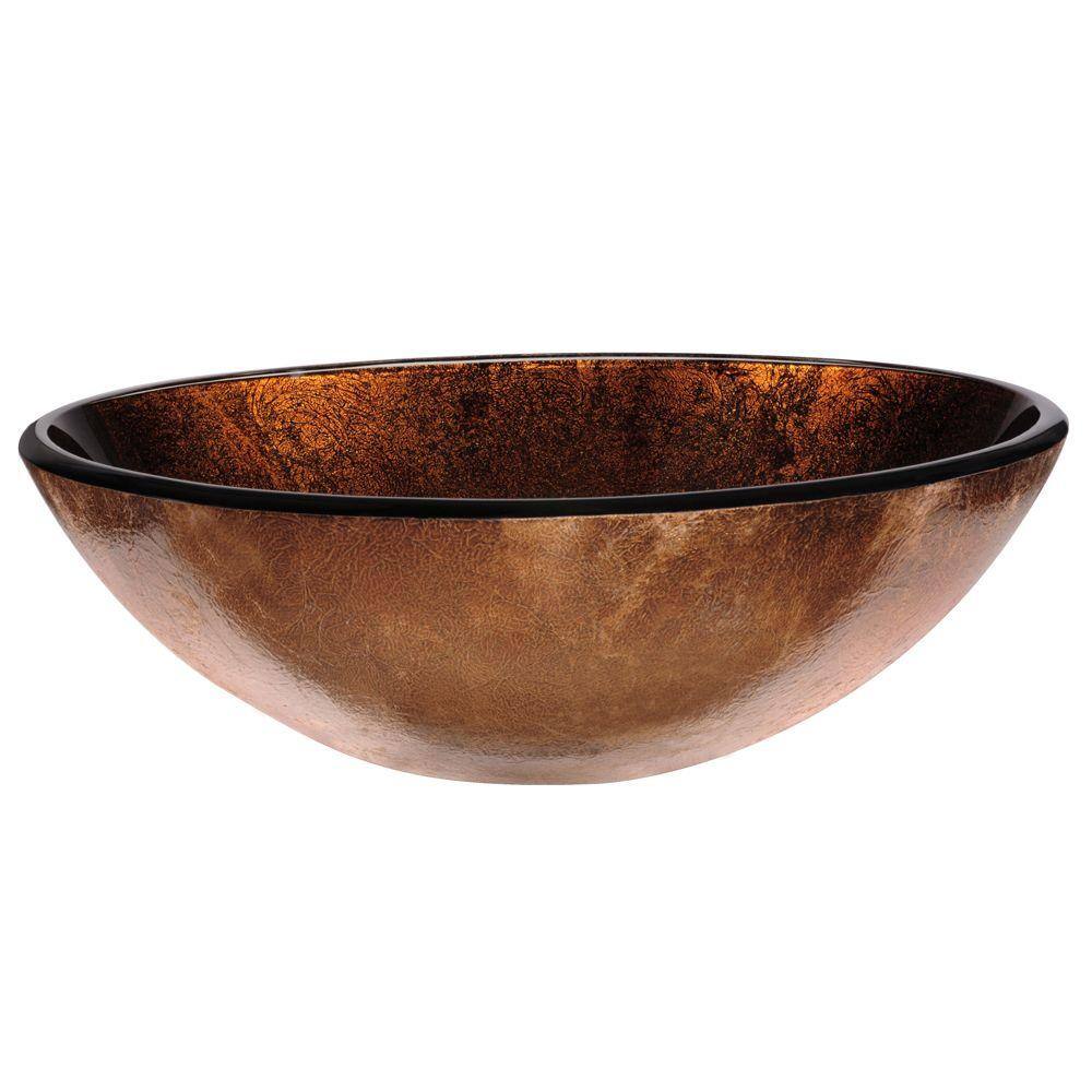 Russet Gold and Brown Glass Round Vessel Sink with Chrome Faucet
