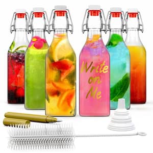 6-Pack 8.5 oz. Square Glass Bottles with Swing Top Stoppers, Bottle Brush, Funnel, and Gold Glass Marker