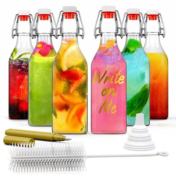 Nevlers 6-Pack 8.5 oz. Square Glass Bottles with Swing Top Stoppers, Bottle Brush, Funnel, and Gold Glass Marker