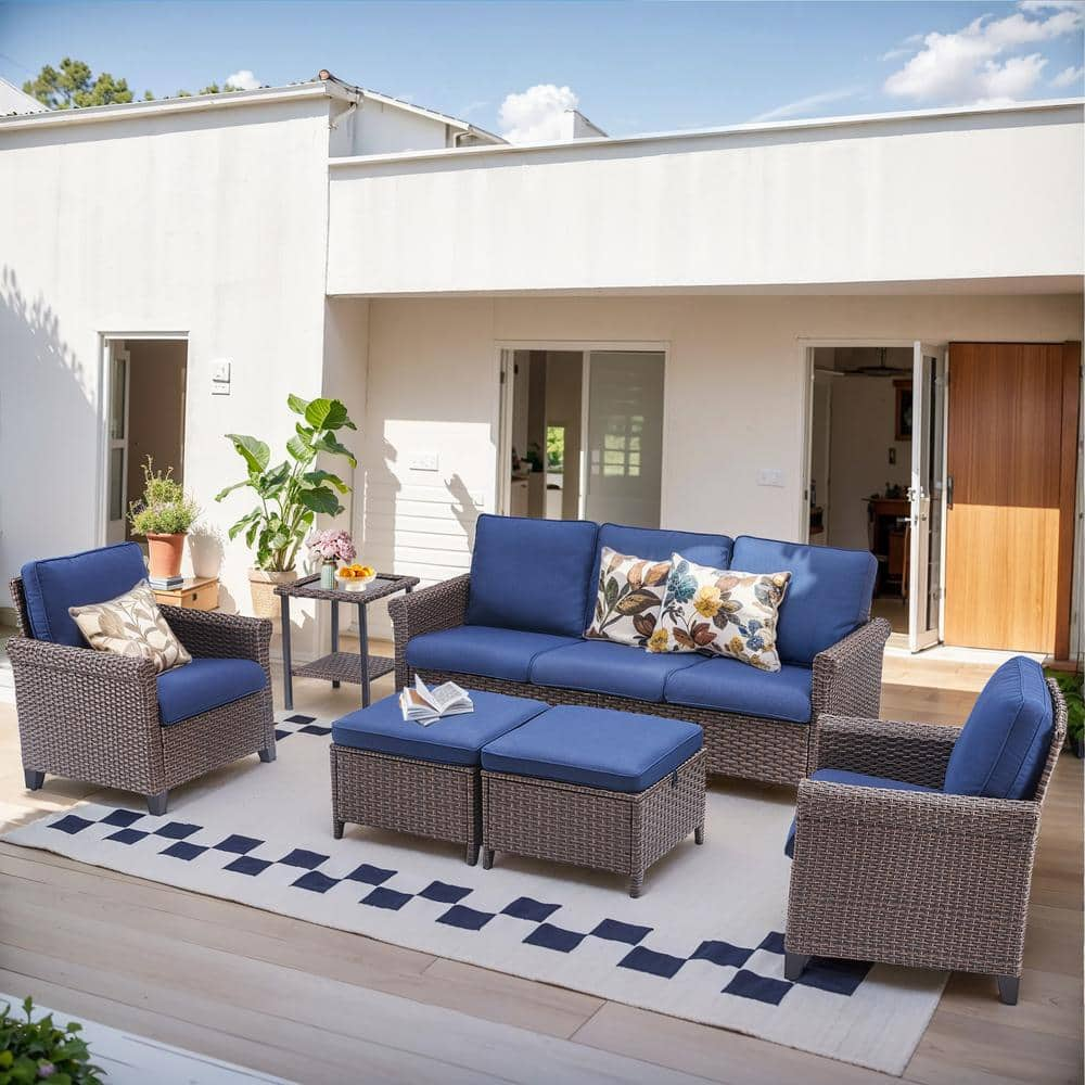 Buenaola Nyajiah 6-Piece Wicker Patio Conversation Set with Blue Cushions