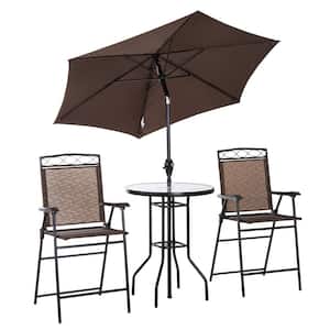 Outdoor Patio Dining Furniture Set Brown 4-Piece Metal Outdoor Dining Set with 2 Folding Chairs and Adjustable Umbrella