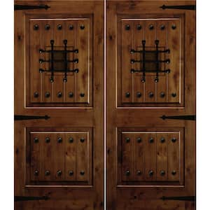 60 in. x 80 in. Mediterranean Knotty Alder Square Top with Provincial Stain Left-Hand Wood Double Prehung Front Door