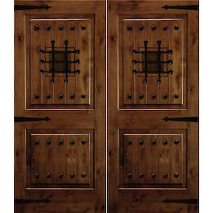 60 in. x 96 in. Mediterranean Knotty Alder Square Top with Provincial Stain Left-Hand Wood Double Prehung Front Door