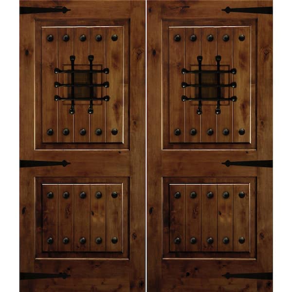 Krosswood Doors 72 in. x 80 in. Mediterranean Knotty Alder Square Top with Provincial Stain Right-Hand Wood Double Prehung Front Door