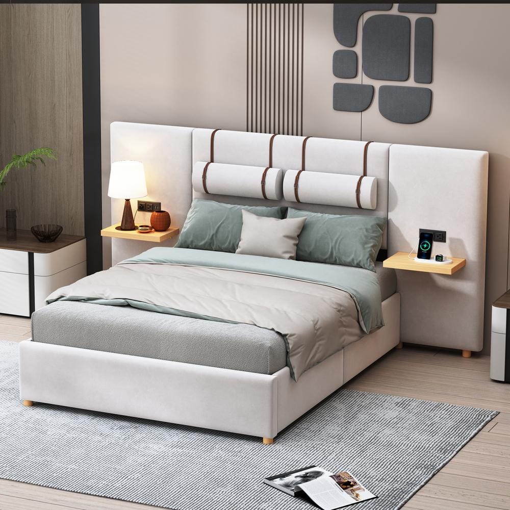 Beige Wood Frame Full Velvet Upholstered Platform Bed with Outlets and USB Charging Ports on Both Sides, Storage Shelves -  Harper & Bright Designs, NT100AAA-F