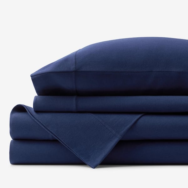 Company Cotton 4-Piece Navy Solid T-Shirt Soft Jersey Knit Queen Sheet Set