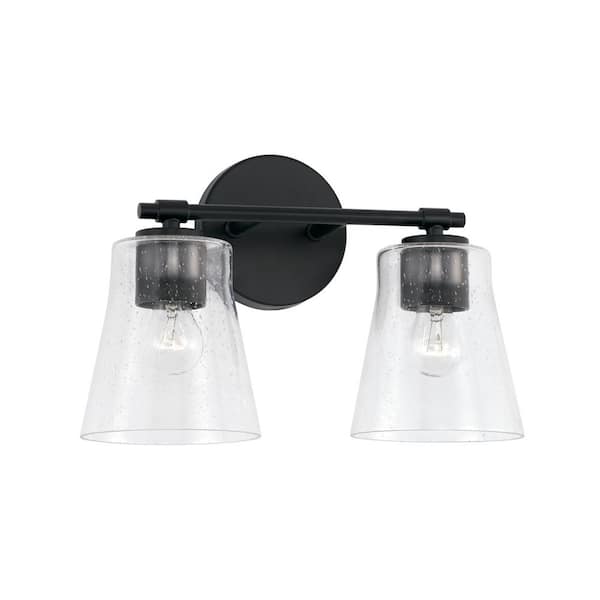 HOMEPLACE LIGHTING 14 in. W x 9.5 in. H 2-Light Vanity Light in Matte Black with Clear Seeded Glass