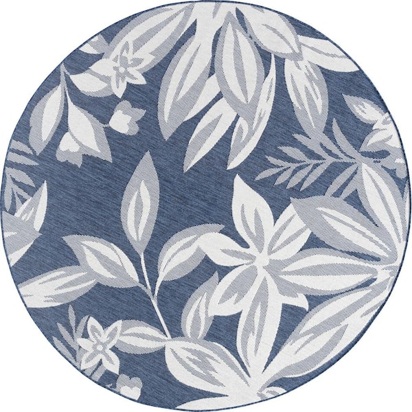 Tayse Rugs Eco Floral Navy 6 ft. Round Indoor/Outdoor Area Rug