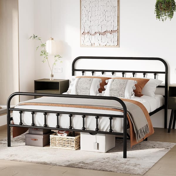 YOFE Black Metal Frame Queen Platform Bed with Headboard, Bedroom ...