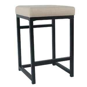 19 in. Beige and Black Low Back Metal Frame Counter Stool with Fabric Seat