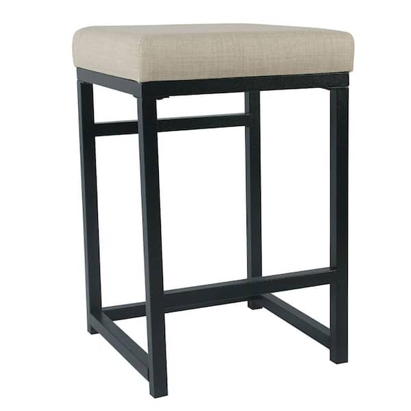 Benjara 19 in. Beige and Black Low Back Metal Frame Counter Stool with Fabric Seat