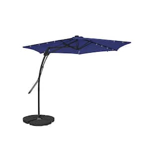 10 ft. Hexagon Navy Blue Offset Patio Umbrella with Solar Lights and 4-Piece Umbrella Base