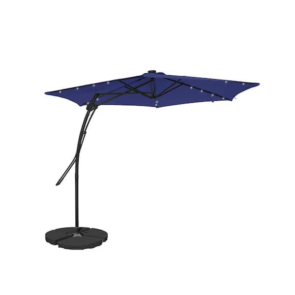 Mondawe 10 ft. Hexagon Navy Blue Offset Patio Umbrella with Solar Lights and 4-Piece Umbrella Base
