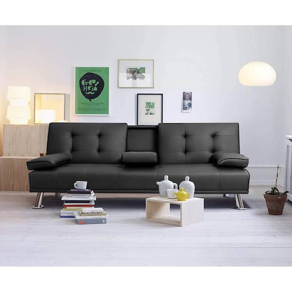 LACOO Black 66 in. Faux Leather Upholstered Convertible Folding Futon Sofa Bed 2 Cupholders