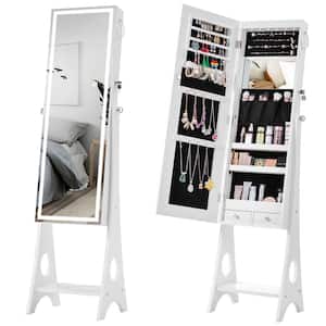Matte White MDF 15 in. W x 15.7 in. L x 61 in. H Free Standing Jewelry Armoire with LED lights, Mirror
