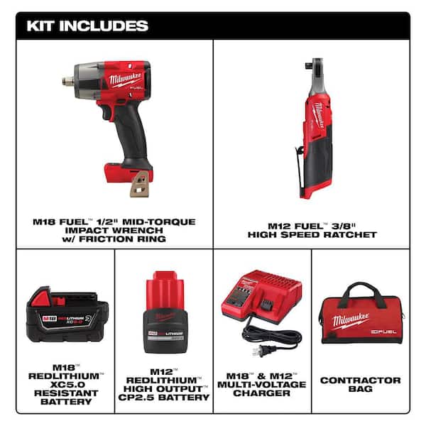 M18 FUEL 18V Cordless Mid Torque 1/2 in. Impact Wrench w/ M12 FUEL 3/8 in. Ratchet & Battery/Charger Combo Kit