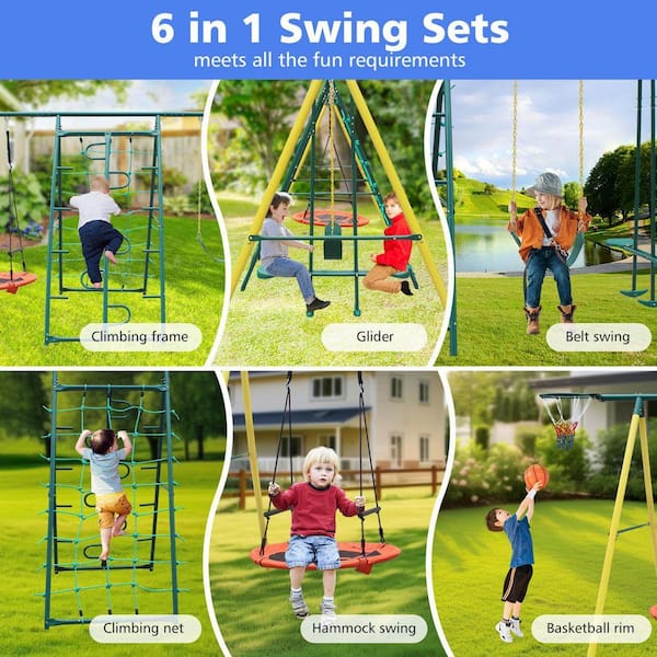 Bon Furni Green & Yellow Metal Swing Playset with Glider and