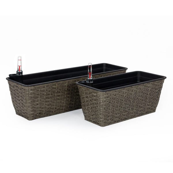 6 in. and 8 in. Dark Gray Garden Plastic and Wood Self-Watering Planter (2-Pack)