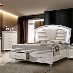 Litzler 2-Piece LED Headboard Pearl White Wood King Bedroom Set with 2-Foot Drawer and Chest