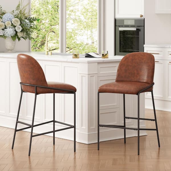 Sherry Modern 29 in. Brown Faux Leather Upholstered Barstools, Antique Bronze Finish Metal Frame, Curved Back, Set of 2