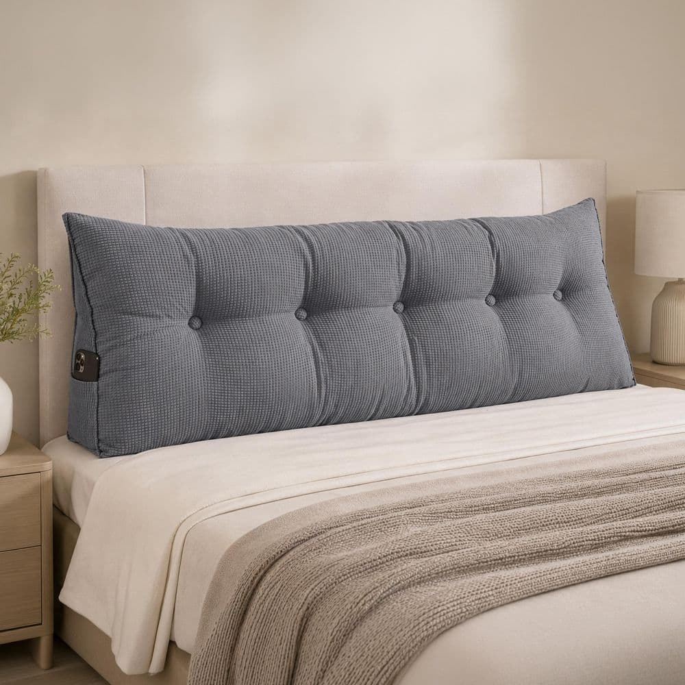 Lavish Home Queen Size Headboard Pillow, Gray Cotton Velvet Triangle Pillow Wedge for Headboard, Reading, Working