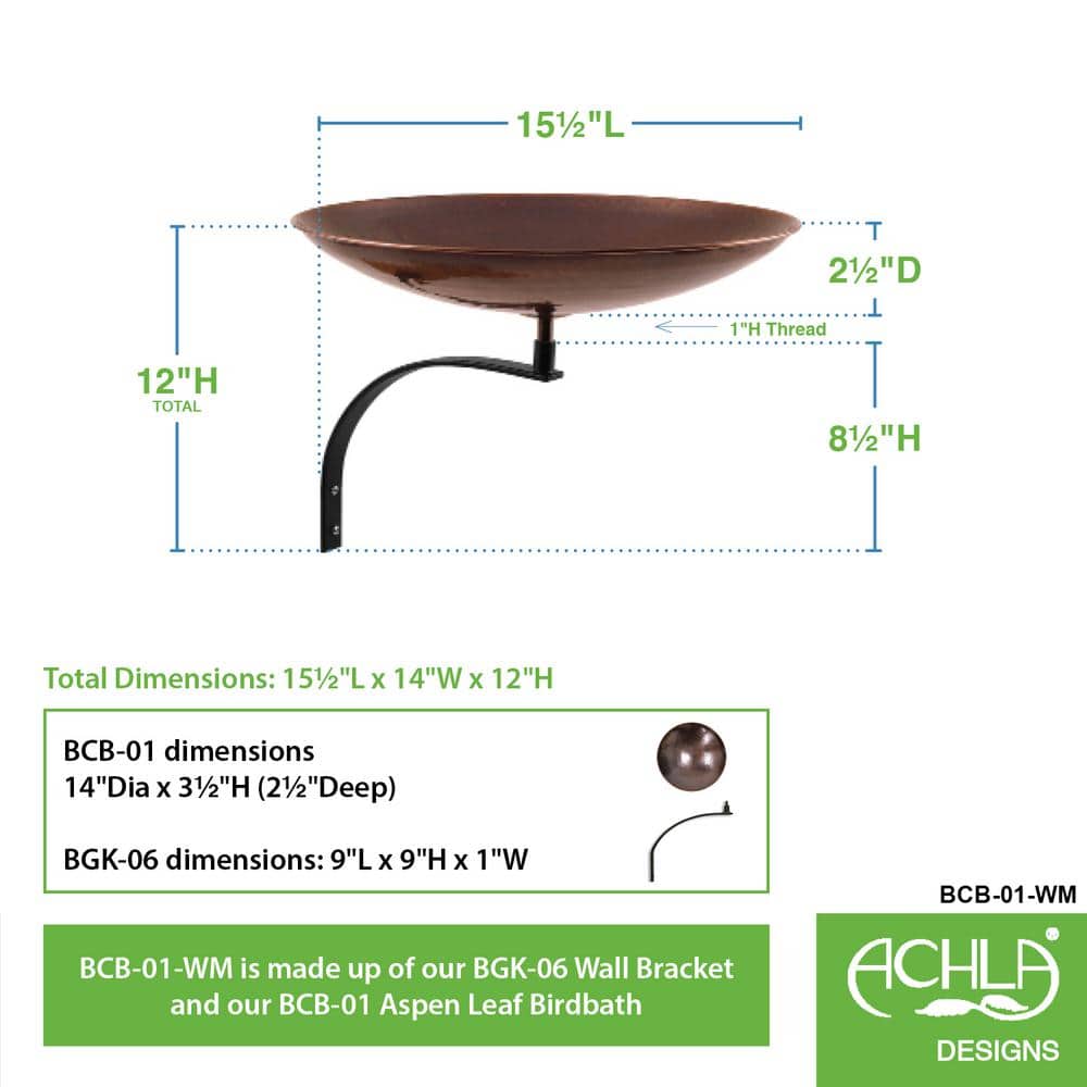 Burnt Copper 15" Metal Birdbath with Wall Mount Bracket