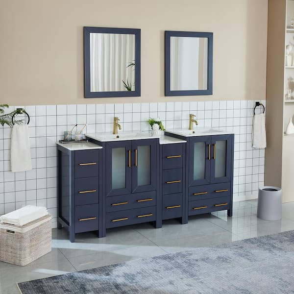 Brescia 72 in. W x 18.1 in. D x 35.8 in. H Double Basin Bathroom Vanity in Blue with Top in White Ceramic and Mirror