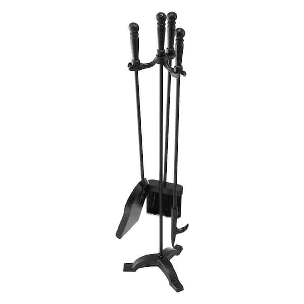 Fireplace Tool Set, 4 Pcs, Holder with 3-Prong Stand, Ash Shovel, Brush, Fire Poker, Wrought Iron Accessories, Black