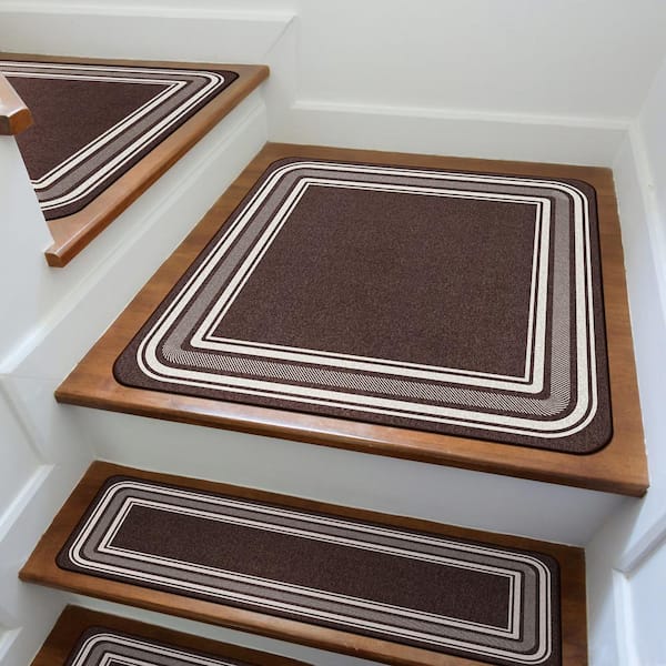 31 X 31 Brown Carmel Bordered Non-Slip Indoor Rubber Back Stair Tread Cover (Landing Mat)