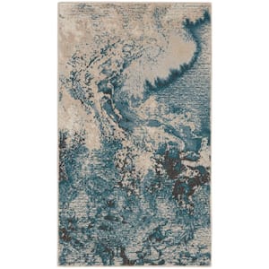 Maxell Ivory/Teal Doormat 2 ft. x 4 ft. Abstract Contemporary Kitchen Area Rug