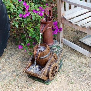 23 in. Tall Vintage Water Pump with Wheelbarrow Fountain Yard Art Decor, Multicolor