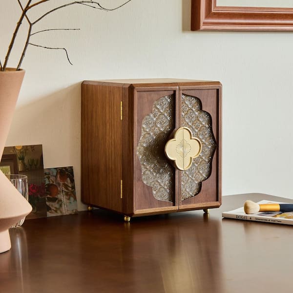 9 in Wide Walnut Color With Glass Flower Window Door Wooden Jewelry Box