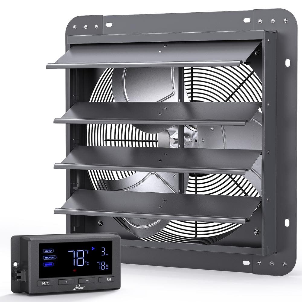 iLIVING 1736 CFM, DC Motor, Gray 16 in. Wall Mounted Shutter Exhaust Fan with Temperature and Humidity Controls, Variable Speed