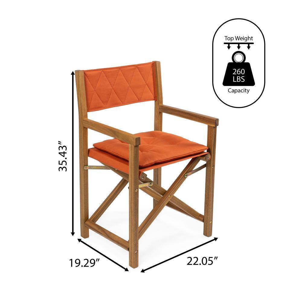 Mid-Century Teak Brown Acacia Wood Director Chair with Orange Cushions