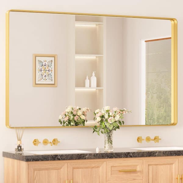 60 in. W x 36 in. H Modern Rectangular Aluminum Framed Wall Bathroom Vanity Mirror in Brush Gold Bathroom Mirrors