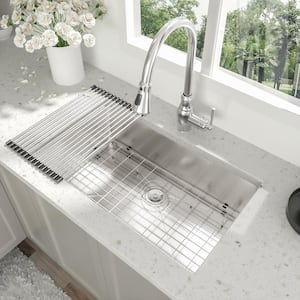 32 in. Undermount Single Bowl 16 Gauge Brushed Nickel Stainless Steel Kitchen Sink with Bottom Grids