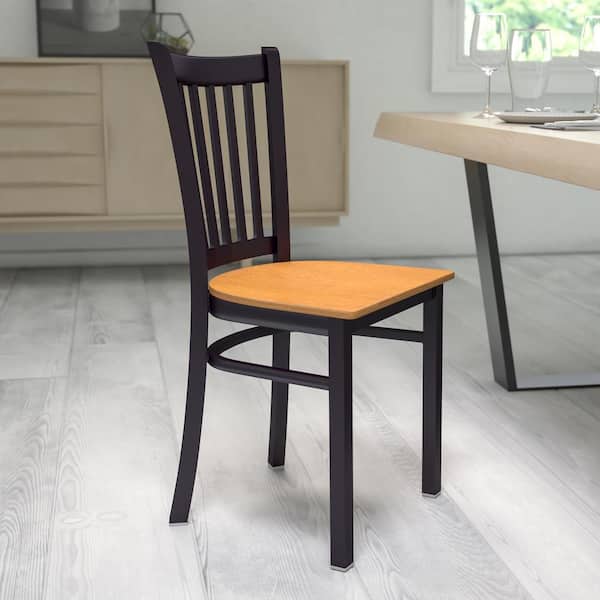 Hercules Series Black Vertical Back Metal Restaurant Chair with Natural Wood Seat