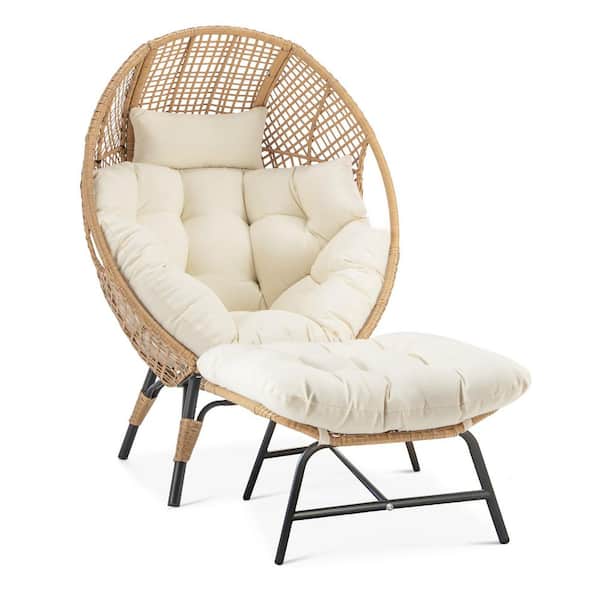 PE Wicker Indoor/Outdoor Lounge Egg Chair with Beige Cushion and Ottoman for Patio Porch Balcony