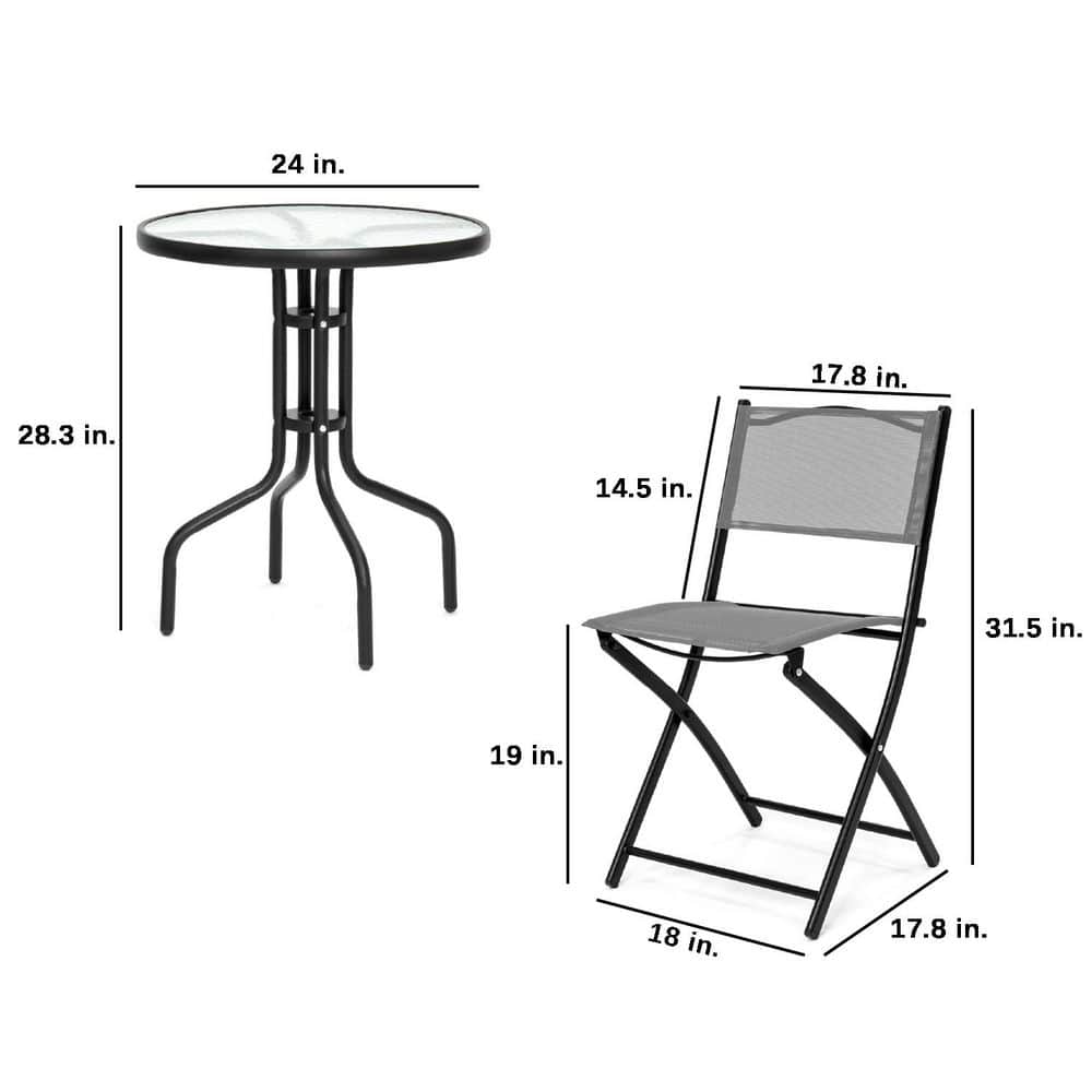 Gray 3-Piece Patio Bistro Set with Glass Tabletop and Folding Chairs