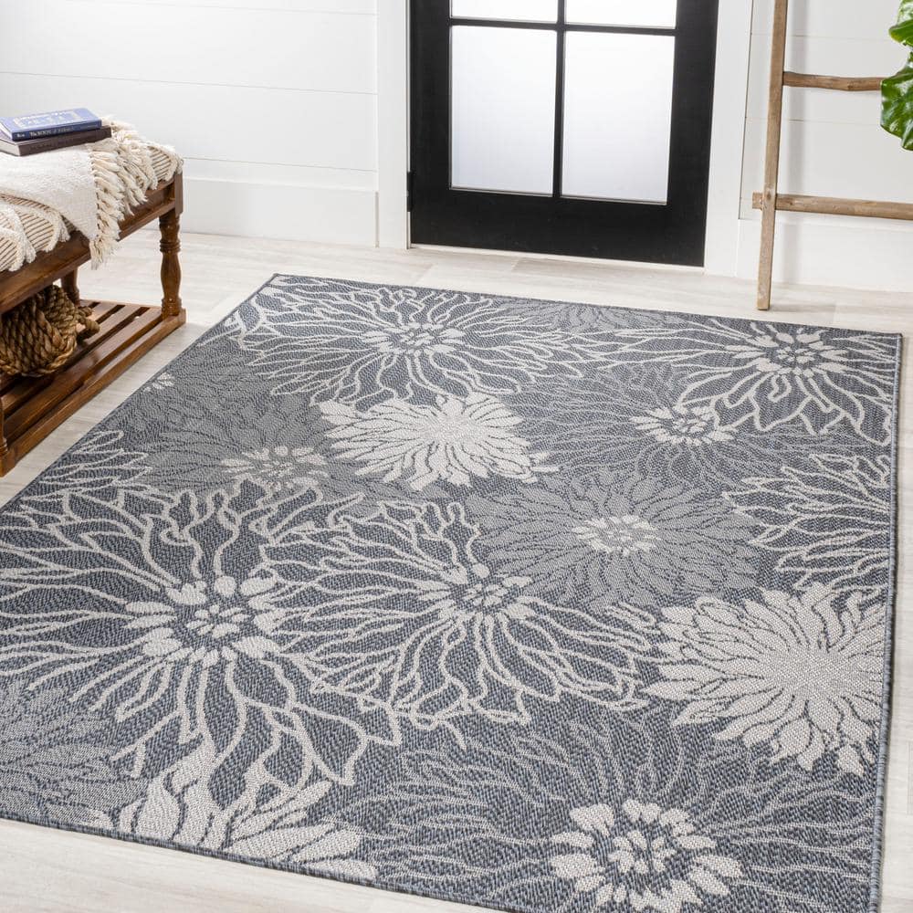 3' x 5' Navy and Gray Synthetic Floral Indoor/Outdoor Area Rug