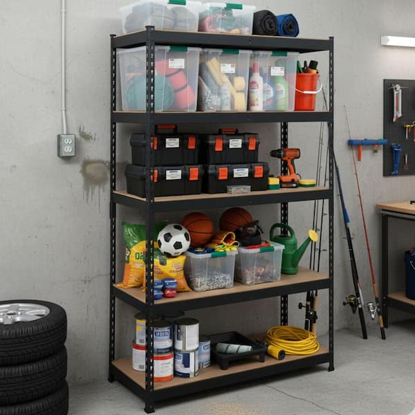Black Label 5-Tier Powder-Coated Steel Garage Storage Shelving Unit in Black, HDF Racks (40 in. W x 72 in. H x 20 in. D)