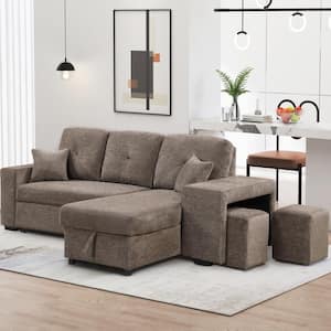 95 in. Brown Full Size Reversible Sleeper Sectional Sofa Bed with Side Shelf and 2 Stools