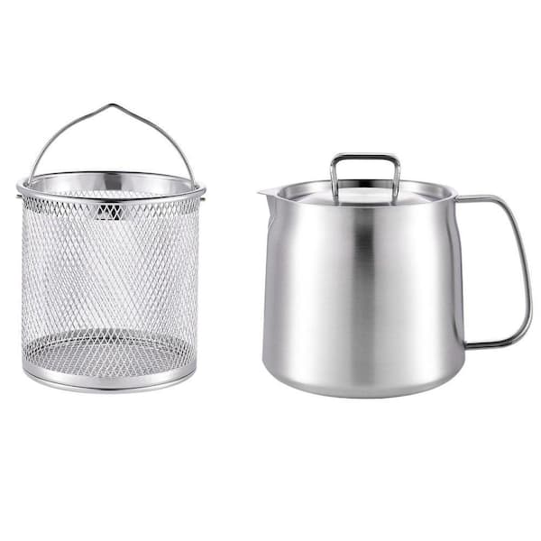 Stainless Steel Oil Dispensing Bottles with Lid in Silver, with Mesh Strainer Dishwasher Safe